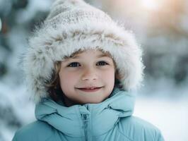 enfant jouit le hiver neigeux journée dans espiègle pose ai génératif photo