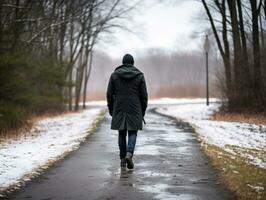 homme jouit une tranquille marcher sur une hiver journée ai génératif photo