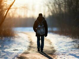 homme jouit une tranquille marcher sur une hiver journée ai génératif photo