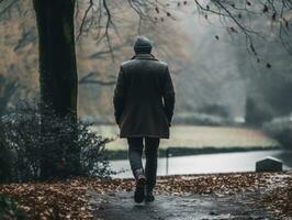 homme jouit une tranquille marcher sur une hiver journée ai génératif photo