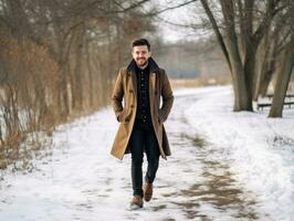 homme jouit une tranquille marcher sur une hiver journée ai génératif photo