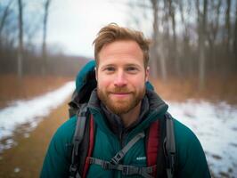 homme jouit une tranquille marcher sur une hiver journée ai génératif photo