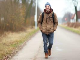 homme jouit une tranquille marcher sur une hiver journée ai génératif photo