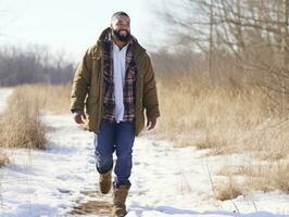 homme jouit une tranquille marcher sur une hiver journée ai génératif photo