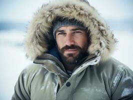 homme jouit le hiver neigeux journée dans espiègle pose ai génératif photo