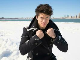 homme jouit le hiver neigeux journée dans espiègle pose ai génératif photo