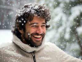 homme jouit le hiver neigeux journée dans espiègle pose ai génératif photo