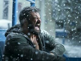 homme jouit le hiver neigeux journée dans espiègle pose ai génératif photo