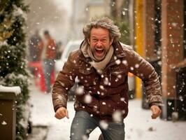 homme jouit le hiver neigeux journée dans espiègle pose ai génératif photo