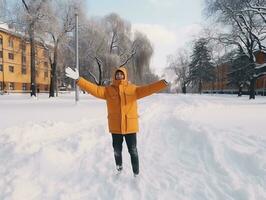 homme jouit le hiver neigeux journée dans espiègle pose ai génératif photo