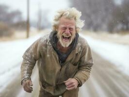 homme jouit le hiver neigeux journée dans espiègle pose ai génératif photo