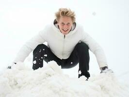 homme jouit le hiver neigeux journée dans espiègle pose ai génératif photo