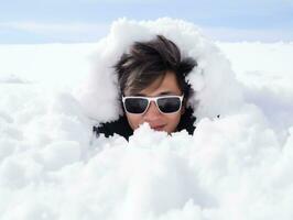 homme jouit le hiver neigeux journée dans espiègle pose ai génératif photo