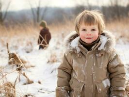 enfant jouit une tranquille marcher dans une hiver journée ai génératif photo