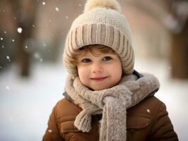 enfant jouit une tranquille marcher dans une hiver journée ai génératif photo