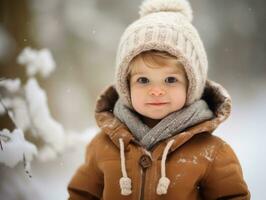 enfant jouit une tranquille marcher dans une hiver journée ai génératif photo