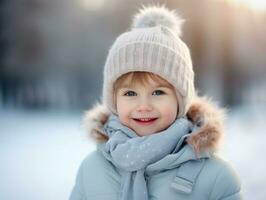 enfant jouit une tranquille marcher dans une hiver journée ai génératif photo