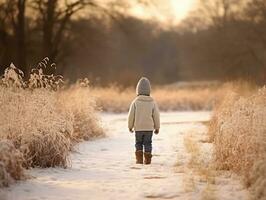 enfant jouit une tranquille marcher dans une hiver journée ai génératif photo