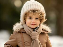 enfant jouit une tranquille marcher dans une hiver journée ai génératif photo