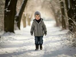 enfant jouit une tranquille marcher dans une hiver journée ai génératif photo