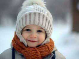 enfant jouit une tranquille marcher dans une hiver journée ai génératif photo