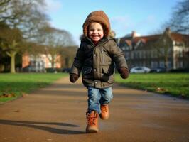 enfant jouit une tranquille marcher dans une hiver journée ai génératif photo