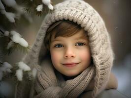 enfant jouit une tranquille marcher dans une hiver journée ai génératif photo