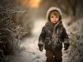 enfant jouit une tranquille marcher dans une hiver journée ai génératif photo
