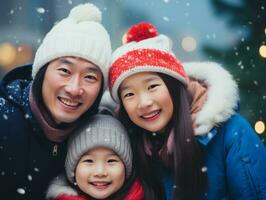 asiatique famille jouit célébrer Noël veille ensemble ai génératif photo