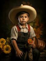 mexicain enfant dans émotif dynamique pose sur l'automne Contexte ai génératif photo