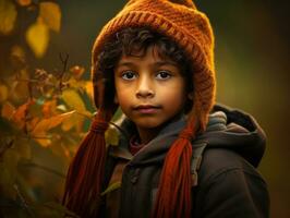 mexicain enfant dans émotif dynamique pose sur l'automne Contexte ai génératif photo