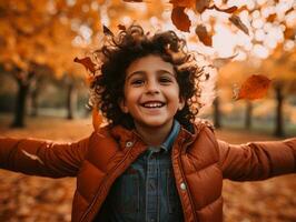 mexicain enfant dans émotif dynamique pose sur l'automne Contexte ai génératif photo