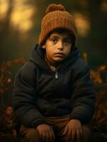 mexicain enfant dans émotif dynamique pose sur l'automne Contexte ai génératif photo