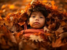 mexicain enfant dans émotif dynamique pose sur l'automne Contexte ai génératif photo