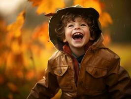 mexicain enfant dans émotif dynamique pose sur l'automne Contexte ai génératif photo