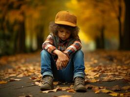 mexicain enfant dans émotif dynamique pose sur l'automne Contexte ai génératif photo