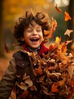 mexicain enfant dans émotif dynamique pose sur l'automne Contexte ai génératif photo