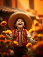 mexicain enfant dans émotif dynamique pose sur l'automne Contexte ai génératif photo