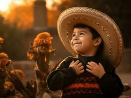 mexicain enfant dans émotif dynamique pose sur l'automne Contexte ai génératif photo