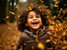 mexicain enfant dans émotif dynamique pose sur l'automne Contexte ai génératif photo