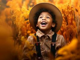 mexicain enfant dans émotif dynamique pose sur l'automne Contexte ai génératif photo