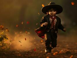 mexicain enfant dans émotif dynamique pose sur l'automne Contexte ai génératif photo