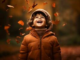 mexicain enfant dans émotif dynamique pose sur l'automne Contexte ai génératif photo