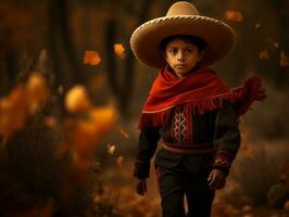 mexicain enfant dans émotif dynamique pose sur l'automne Contexte ai génératif photo