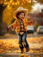 mexicain enfant dans émotif dynamique pose sur l'automne Contexte ai génératif photo