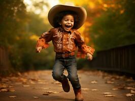 mexicain enfant dans émotif dynamique pose sur l'automne Contexte ai génératif photo