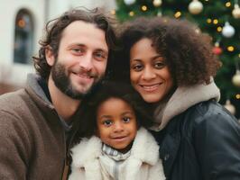 le interracial famille jouit célébrer Noël veille ensemble ai génératif photo