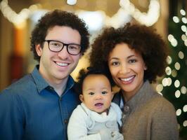 le interracial famille jouit célébrer Noël veille ensemble ai génératif photo