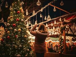 femme décorer une Noël arbre avec ornements et lumières ai génératif photo