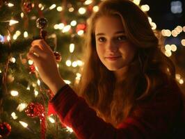 femme décorer une Noël arbre avec ornements et lumières ai génératif photo